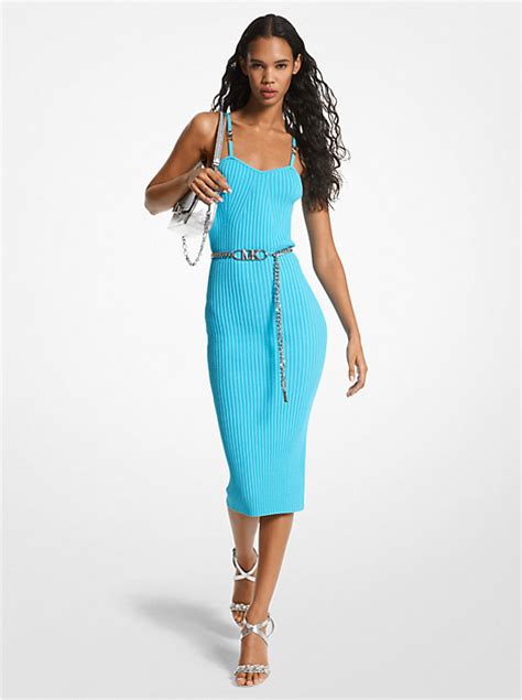 michael michael kors lace-up ribbed stretch-viscose flounce dress|Ribbed Stretch Knit Lace.